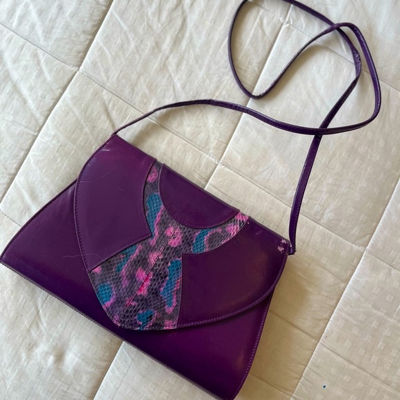 Vintage 80s Genuine Leather Snakeskin Crossbody Clutch Bag OS Purple Multi - Picture 2 of 16
